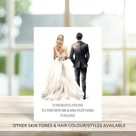 Personalised Wedding Card, Personalised Bride and Groom Card, Custom Bride and Groom Wedding Card Skin Tone Hair Color, Groom Card, Personalized Bride, Tone Hair, Engagement Cards, Personalised Wedding, White Card, Wedding Groom, White Envelope