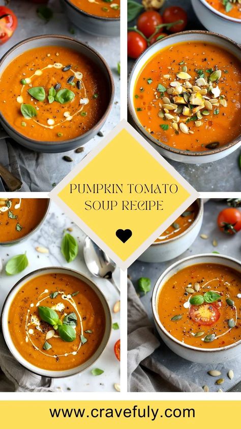 Enjoy the comforting blend of pumpkin tomato soup. A delicious twist on a classic favorite! Pumpkin Tomato Soup Recipe, Fall Tomato Soup, Pumpkin Tomato Soup, Easy Tomato Soup Recipe, Leftovers Soup, Tomato Soup Recipe, Tomato Basil Soup, Tomato Soup Recipes, Tomato Vegetable