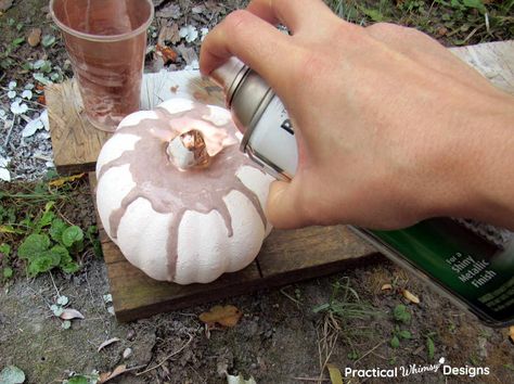 Want a more elegant look this fall? Make these copper dripped foam pumpkins for a fancy fall display. 1)Paint the pumpkinsIf you have an orange foam pumpkin, start out by painting it white. Make sure to use acrylic paint as your base coat on foam pumpkins. (To find out what happens to foam pumpkins if you spray paint them and for more tips and pictures, check out my DIY Copper Dripped Pumpkins post on my blog.)Paint a couple of layers of paint on until the orange is hidden. 2) Dump… Pumpkin Spray Paint, Pumpkin Spray, Copper Spray Paint, Diy Copper, Glue Painting, Foam Pumpkins, Copper Diy, Autumn Display, Fall Mantel Decorations