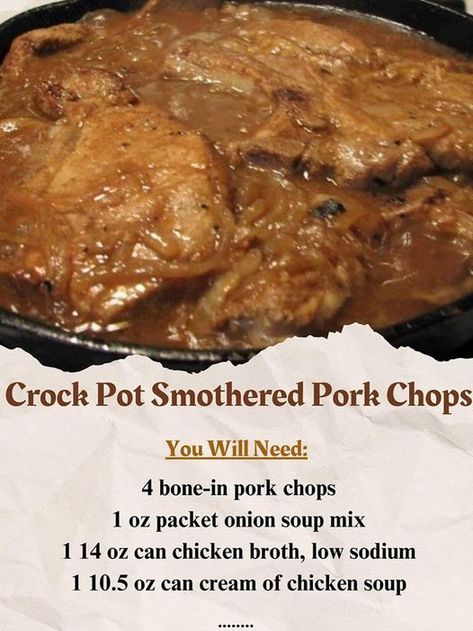 Smothered Pork Chops Crock Pot, Crock Pot Smothered Pork Chops, Can Chicken Broth, Smothered Pork Chops Recipe, Bone In Pork Chops, Pork Gravy, Pork Crockpot Recipes, Pork Chop Recipes Crockpot, Pork Chops And Gravy