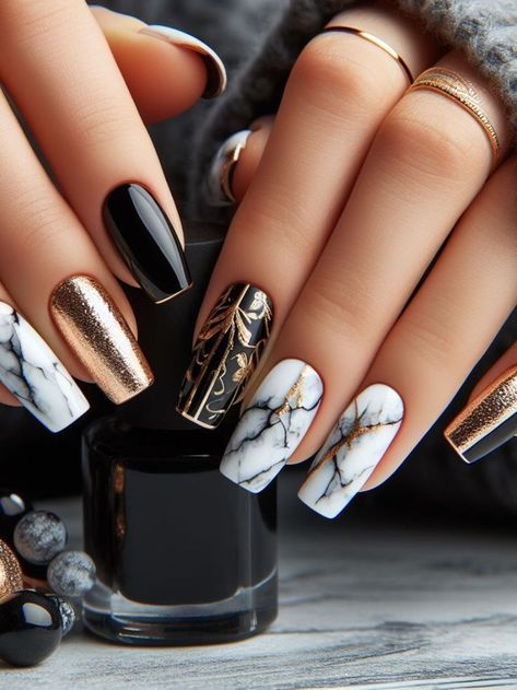 A chic black and white nail design with marble accents and gold foil detailing, creating a luxurious and sophisticated appearance Black Gold And White Nails, Black White And Gold Nails, White Spring Nails, Black And White Nail Design, White Nail Design, White Nails With Gold, Black And White Nail, Black And White Nail Designs, Long Almond Nails