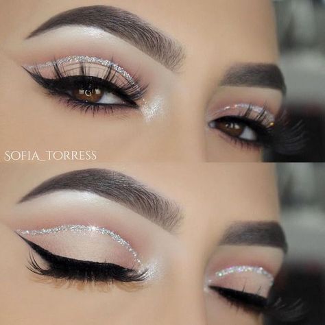 Silver Cut Crease, Black Winged Eyeliner, Eye Makeup Cut Crease, New Makeup Ideas, Cut Crease Eyeshadow, Silver Makeup, Prom Eye Makeup, Neutral Eyes, Cut Crease Makeup