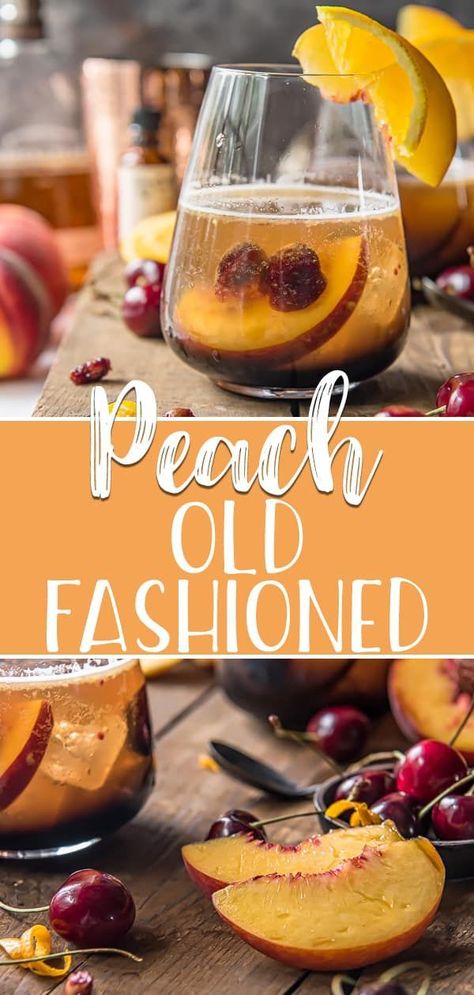 Lighten up a simple classic for summer with this Peach Old Fashioned Cocktail! Sweetened with a hint of fresh peaches and cherries, a splash of bubbles make this familiar drink perfect for the poolside! #crumbykitchen #peach #oldfashioned #cocktails #cocktailrecipes #drinkrecipes #cherry #spritzer #summerrecipes Peaches And Cherries, Food Recipes Vegetarian, Prohibition Party, Fall Eats, Alcohol Beverages, Old Fashioned Drink, Beverage Recipes, Fresh Peaches, Liquid Diet