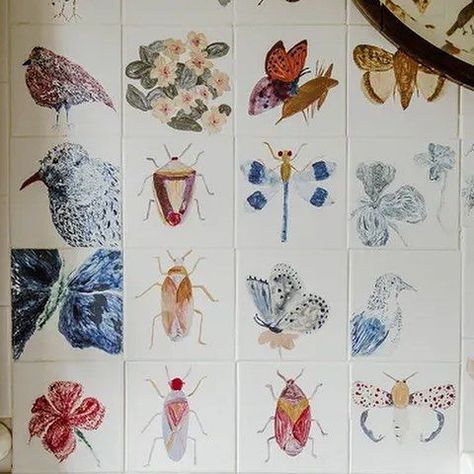 Maude_Made on Instagram: "Insects, birds and flowers. 
Ceramic glazed tiles, £12
Photographed by @owengale" Hand Painted Bathroom Tiles, Hand Painted Ceramic Tiles, Hand Painted Tiles Kitchen, Hand Painted Bathroom, Victorian Town, Ceramics Tile, Butterfly Bathroom, Painting Bathroom Tiles, Charleston House