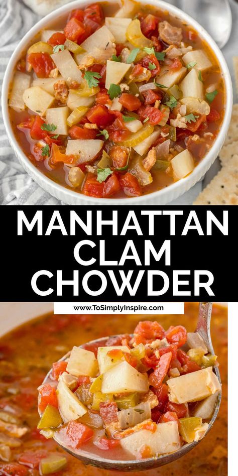 white bowl full of homemade Manhattan clam chowder recipe with tomatoes, potatoes and bacon. Manhattan Clam Chowder Recipe, Manhattan Clam Chowder, Clam Chowder Recipe, Seafood Soup Recipes, Bacon Crisps, Chowder Recipe, Seafood Soup, Clam Chowder, Chowder Recipes