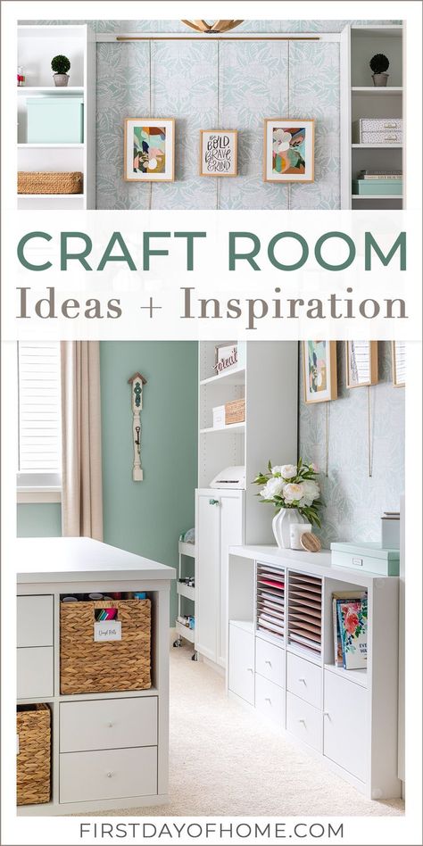 Collage of craft room photos showing craft room furniture, cube storage, and wall decor. Text overlay reads "Craft Room Ideas + Inspiration" Joanna Gaines Craft Room, Office Scrapbook Room, Silhouette Craft Room Ideas, Craft Room Makeover Before After, Study/craft Room Ideas, Pretty Craft Storage, Mint Craft Room, Craft Room And Home Office Combo, Craft Organization Closet