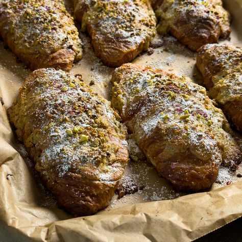 Pistachio Frangipane Croissants - The Salted Potato from Renée Robinson Recipes Using Costco Croissants, Pistachio Croissant Recipe, Croissant Croutons, Almond Croissant Recipe, Frangipane Recipe, Pistachio Frangipane, Pistachio Croissant, Almond Croissants, Salted Potatoes