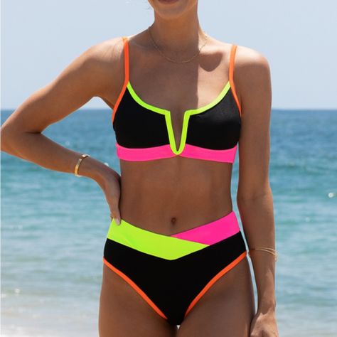 New With Tags. Never Worn. Size Small. Neon Details, Crop Swim Top, Green Swimwear, Swim Brands, Two Piece Swimsuit, Tankini Swim Tops, Black Swimsuit, Contrast Trim, Womens Swim