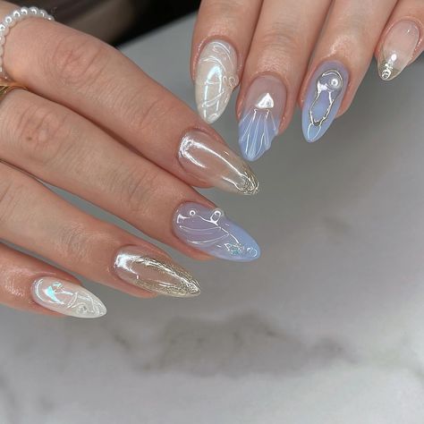 𓂅 wispy mermaid 𓇻 Elegant and timeless; perfect for summer 🐚 June/July special on Medium Almond Gel-X; DM to book for July, press on orders shop at janetsnails.com ✨ #nailinspo #naildesign #chromenails #mermaidnails #nails2inspire #trendynails #gelxnails #pinterestnails #shellnails #beachnails #vancouvernails #nailart Jan Nails, Hard Gel Overlay, Bachelorette Nails, 16 Nails, Theme Nails, Minimal Nails Art, Fake Nails Designs, Special Nails, Gel Overlay