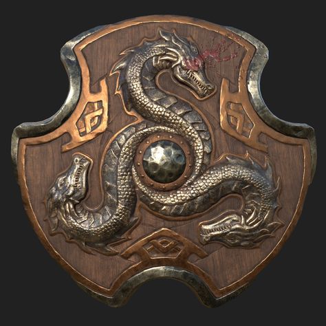 ArtStation - Shield of the Sea Serpents Fantasy Shield, Celtic Shield, Arte Art Deco, Medieval Shields, Sea Serpent, D D Items, Shield Design, Face Expressions, Fantasy Armor