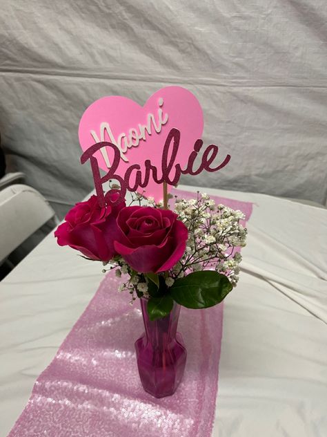 Barbie Centerpieces Ideas Diy, Barbie Centerpieces Ideas Birthdays, Cricut Barbie, Barbie Centerpieces Ideas, Barbie Centerpiece, Barbie Centerpieces, Pink Vases, Barbie Cowgirl, Barbie Party Decorations