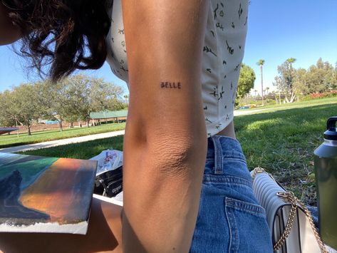 small arm tattoo ~ tattoo ideas ~ small tattoo ~ background at park 🌿 ~ belle french word for beautiful 🐈‍⬛ French Tattoos For Women, French Word Tattoos, Word For Beautiful, Belle Tattoo, Belle French, J Tattoo, French Tattoo, Tattoo Background, Small Arm Tattoos