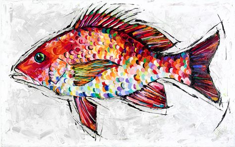 Red Snapper Painting, Redfish Art, Felted Fish, Fish Collage, Birds Watercolor, Fish Ideas, Crab Art, Drawn Fish, Fish Artwork