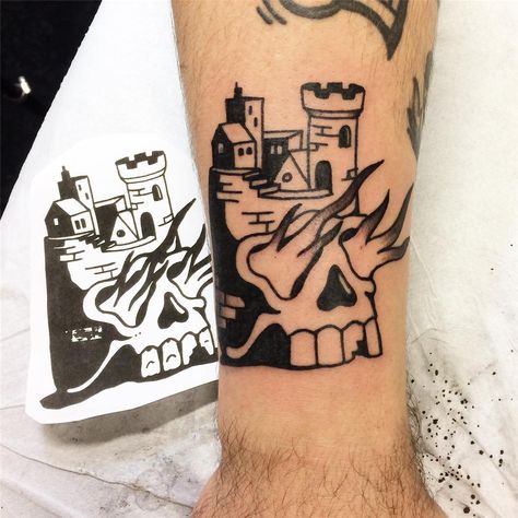 Traditional Tower Tattoo, Burning Castle Tattoo, Burning Skull Tattoo, Traditional Castle Tattoo, Traditional Skulls, Burning Castle, Black Flash Tattoos, Burning Skull, Tramp Stamps