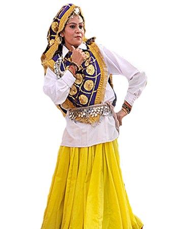 Daman-Kurti-Chunder-Woman-Dress-in-Haryana Haryana Traditional Dress, Folk Dance Costume, Vedic Period, Culture Illustration, Folk Culture, Fruit Cartoon, Etiquette And Manners, Yellow Silk, Folk Dance