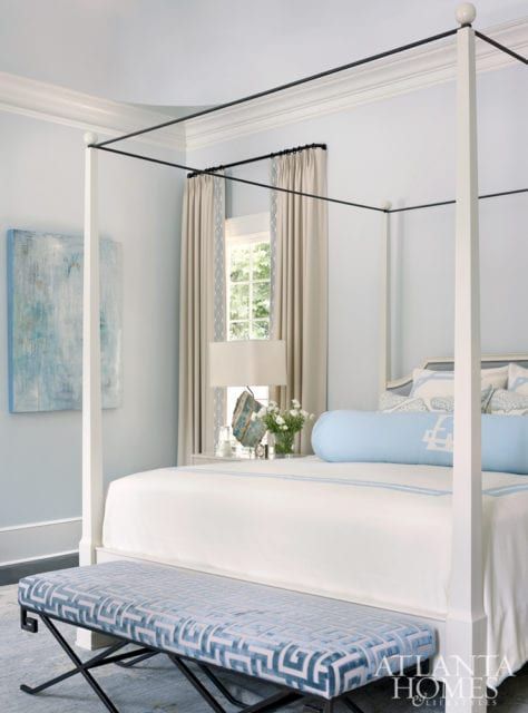 In the master bedroom, a David Iatesta bed features bedding from Leontine Linens. The drapery fabric is JAB and the trim is Travers. The abstract is by Blayne Macauley at Anne Irwin Fine Art. Sunroom Seating, Leontine Linens, Room Wall Colors, Four Poster, Poster Bed, Atlanta Homes, Traditional Living Room, House Beautiful, Blue Bedroom