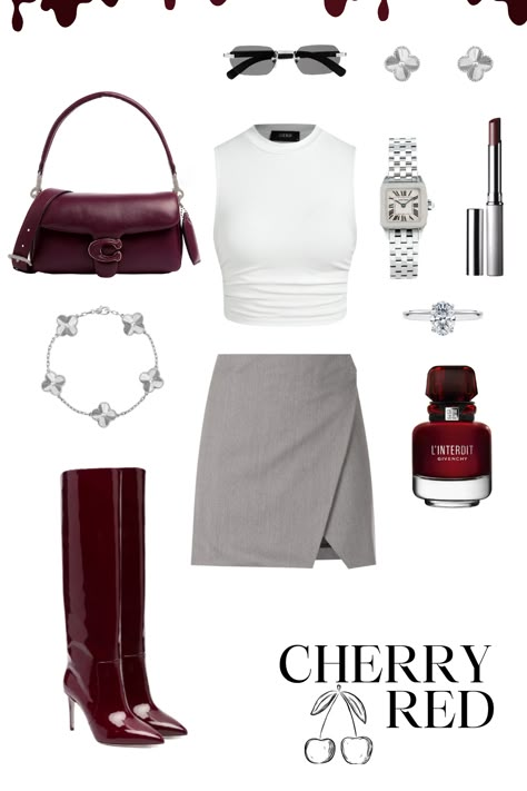 Perfect cherry red autumnal outfit for you gals. I paired dark red highheel knee boots with the same color Coach shoulder puff handbag and a grey short skirt with a white top. The whole outfit is adorned with silver jewelry-matching Van Cleef & Arpels Clover bracelet and earrings. The ensemble is elevated by a Cartier watch, a diamond ring, and Givenchy perfume. And, of course, I couldn't forget the dark red lip. #Coach #Givenchy #KneeBoots #Cartier #VanCleef #Autumn #FallOutfit #Inspo #Cherry Cherry Red And Grey Outfit, Cherry Boots Outfit, Grey Matching Colors Outfit, Red High Boots Outfit, Cherry Boots, Cherry Red Heels Outfit, Cherry Bag Outfit, Dark Red Skirt Outfit, Red Cherry Outfit