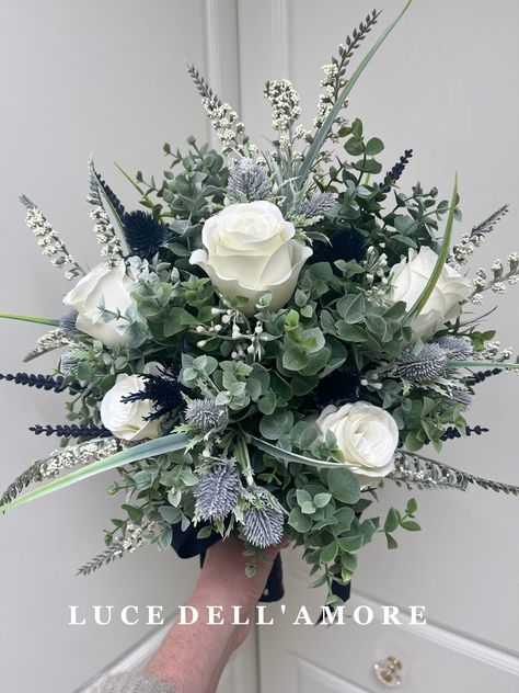 White Navy Wedding Theme, Sage And Navy Bouquet, Emerald And White Bouquet, Sage And Navy Wedding Flowers, Sage Green Navy Blue Blush Pink Gold Wedding, Navy Flowers Wedding, Navy Light Blue And Sage Wedding, Navy Blue Flower Arrangements, Mismatched Bridesmaid Bouquets