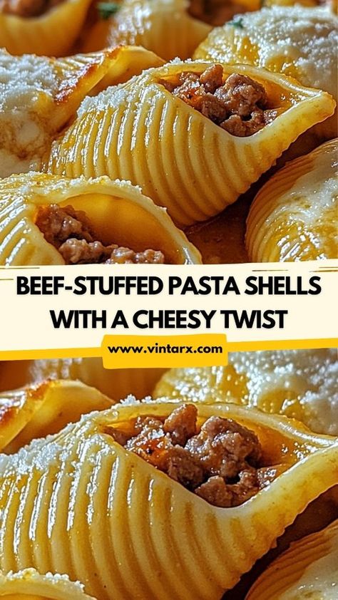 Dive into the creamy, cheesy goodness of these beef pasta shells! 🌟 Stuffed with savory seasoned beef and smothered in a rich, cheesy sauce, this dish is comfort food at its best. Perfect for a hearty dinner the whole family will love. Pin it now and click through for the full recipe—you won’t want to miss out on this creamy delight! Spaghetti Stuffed Shells, Big Shell Pasta Recipes, Pasta Shell Recipes, Stuff Shells Recipes, Shells Pasta Recipes, Jumbo Stuffed Pasta Shells, Cheesy Beef Pasta, Stuffed Shells With Ground Beef, Stuffed Pasta Shells Recipe