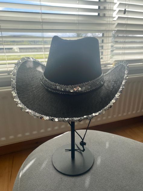 black cowboy hat with sequins and silver detailing  one size 57cm circumference  perfect for all occasions Black Cowboy Hat, Girls Black, Cowboy Hat, Cowboy Hats, Caps Hats, Accessories Hats, Cowboy, Hats, Silver