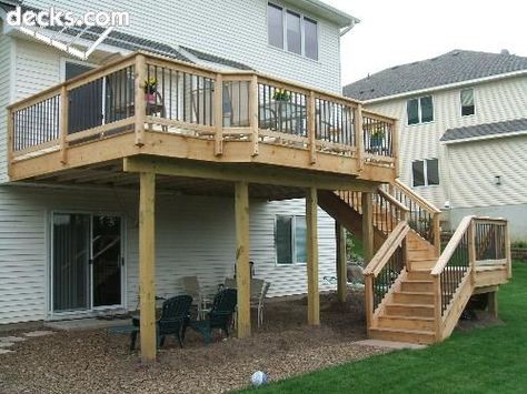 high elevation deck (perfect for a sloped yard) | Backyard ... 2nd Story Deck, Back Deck Ideas, Deck Remodel, Deck Pictures, Sloped Yard, Deck And Patio, Patio Deck Designs, Wooden Deck, Deck Stairs