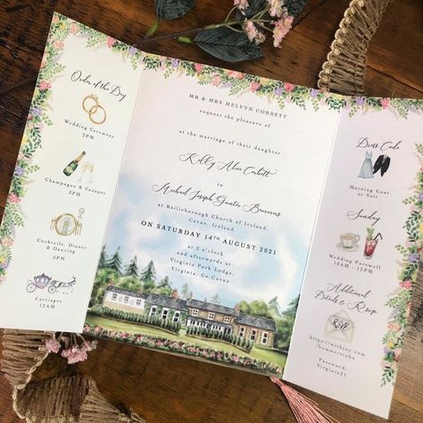 By Florence on Instagram: "Happy Friday 🙌🏼🥳 Time is flying at the moment as January is without a doubt my busiest month of the year…who needs weekends anyway 🤷🏼‍♀️🥲 Sharing a glimpse of the inside of this gatefold invitation from an Irish wedding last summer ☘️ 💕 I love how they incorporated lots of little illustrations to accompany their text and bring the invite to life💫 *Diary update* 📆 I am now fully booked for design work until mid April, so I can work with couples looking to send April Wedding Invitations, Wedding Invitation Book, Watercolour Wedding Invite, Book Wedding Invite, Watercolor Illustration Wedding Invitations, Invitations Wedding Design, Gouache Wedding Invitation, Illustrated Venue Wedding Invitations, Gatefold Wedding Invitations