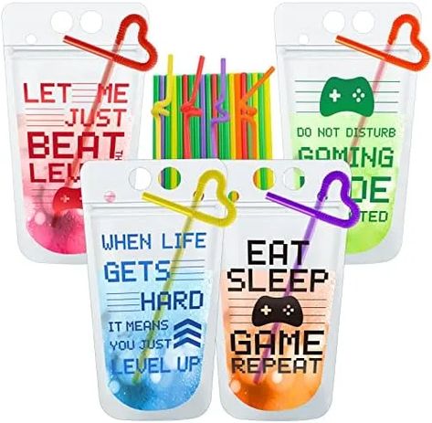 Video Game Party Favors Drink Pouch Cups with Straws Plastic Drink Pouches Clear Zipper Bags Reusable Drink Pouches for Birthday Party Decor Gamer Party Favors Gift (Red/Blue/Green/Orange, 24 Pcs) Gamer Party Favors, Reusable Drink Pouches, Video Game Party Favors, Cups With Straws, Drink Pouches, Gamer Party, Epic Party, Video Game Party, Plastic Pouch