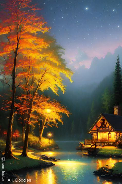 From my A.I. Art series for your enjoyment. The text prompt i used for this one was;fantasy oil painting by Thomas Kinkade of a lakeside cabin and lights at night, forest background #artwork #digitalart Night Forest Background, Fantasy Oil Painting, Cabin By The Lake, Background Artwork, Lights At Night, Lakeside Cabin, Forest Background, Night Forest, Thomas Kinkade