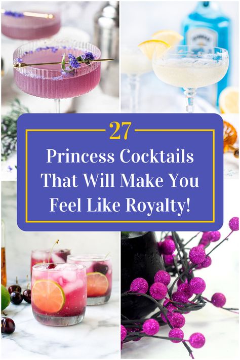 Collage of 4 princess cocktails. Princess Themed Alcoholic Drinks, Fancy Mixed Drinks, Princess Themed Drinks, Princess Diaries Cocktails, Bridgerton Themed Cocktails, Fancy Drinks Cocktails, Disney Themed Cocktails, Princess Cocktails, Fancy Cocktail Recipes