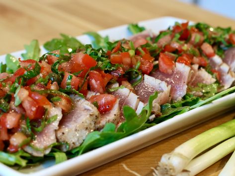 Grilled Tuna Steaks with Tomatoes & Capers Tuna Carpaccio Recipe, Grilled Tuna Recipes, Tuna Steak Dinner, Grilled Tuna Steaks Recipes, Seared Tuna Recipe, Steaks Recipes, Recipe With Apple, How To Cook Tuna, Cooking Tuna Steaks