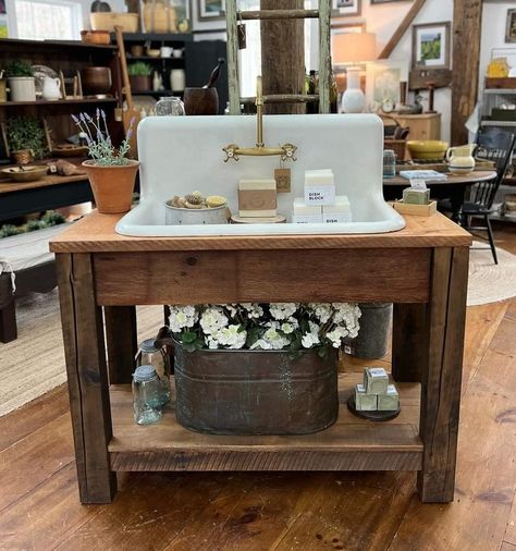 Antique Double Wash Tub Ideas, Sink Stand Ideas, Vintage Sinks Bathroom, Barn Sink, Dresser Sink, Harrington House, Guest House Bathroom, Shop With Living Quarters, Sink Table