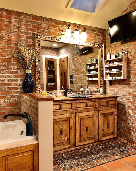 Bathroom Brick Accent Wall, Brick Master Bath, Bathrooms With Exposed Brick Walls, Brick Veneer Bathroom, Brick Shower Tile, Brick Wall In Bathroom, Brick In Bathroom, Brick Shower Wall, Brick Bathroom Ideas