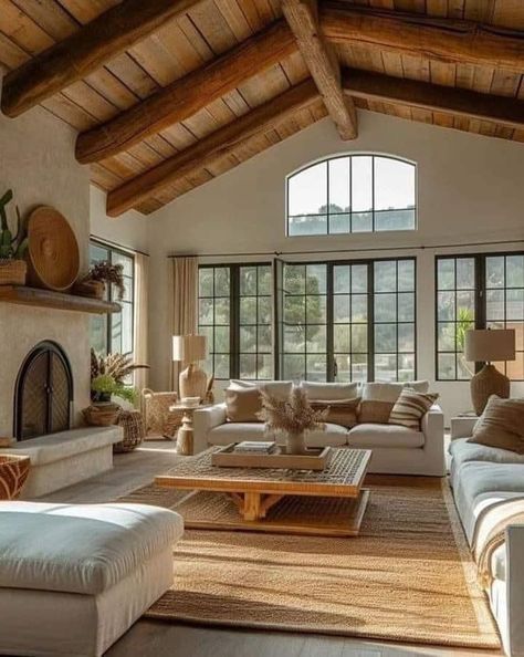 California Neutral Living Room, Boho House Inspiration, Living Room With Lots Of Windows, Neutral Cozy Living Room, Living Room With Big Windows, Western Living Room Ideas, Western Living Room, Family Room Furniture, Unusual Home