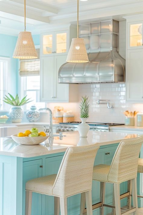 Modern Coastal Kitchen: Bright Beachy Decor Coastal Modern Kitchen Beach Houses, Coastal Beach House Kitchen, Bright Coastal Decor, Beach Bungalow Kitchen, Key West Kitchen, Beachy Kitchen Ideas, Coastal Modern Kitchen, Coastal Kitchen Lighting, Kitchen Beach House