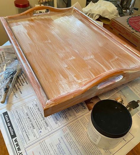 Photo of a stain & odor blocker being brushed on a tray Tea Tray Ideas Decor, Wood Tray Decor Ideas, Wooden Trays Ideas, Wood Trays Diy, Decoupage Tray Ideas, Wood Tray Ideas, Tray Design Ideas, Tray Painting Ideas, Painted Trays Ideas