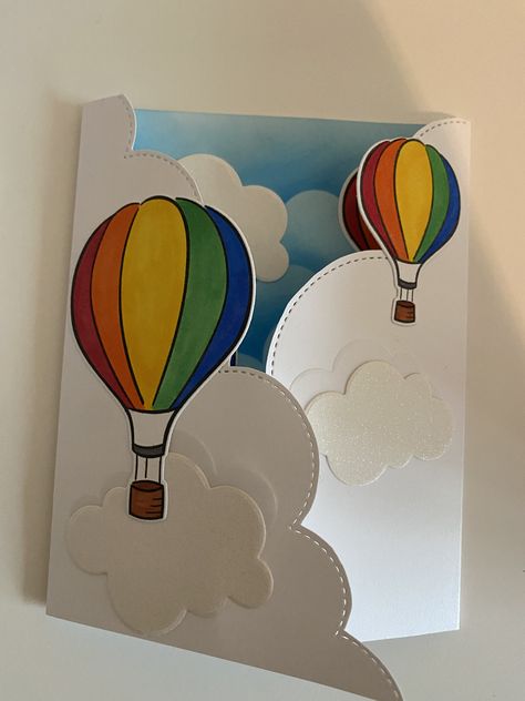 See other pin for the inside of this card. Used stitched bouncy trails for the clouds. Cloud Paper Craft, Birthday Card Ideas Inside The Card, Cards With Clouds, Hot Air Balloon Cards Handmade, Inside Birthday Card Ideas, Birthday Card Inside Ideas, Hot Air Balloon Cards, Handmade Greeting Card Designs, Happy Birthday Cards Diy