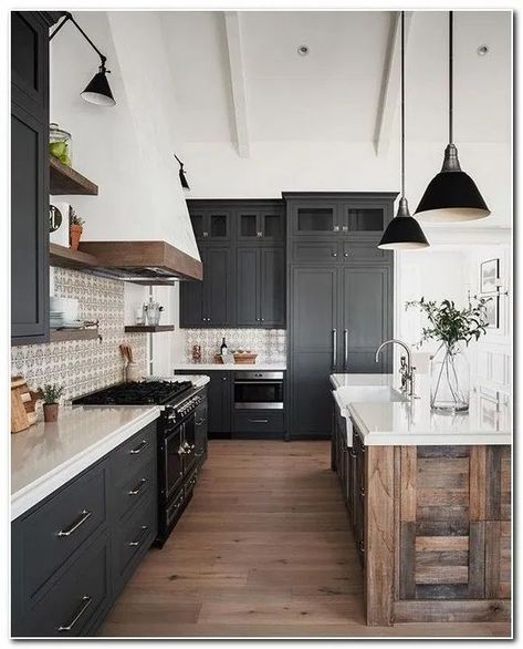 #cuisineferme | Home kitchens, Cottage style kitchen, Kitchen trends Industrial Farmhouse Kitchen, White Wood Kitchens, Cottage Style Kitchen, Rustic Modern Kitchen, Casas The Sims 4, Island Kitchen, Kitchen Trends, Black Cabinets, Kitchen Redo