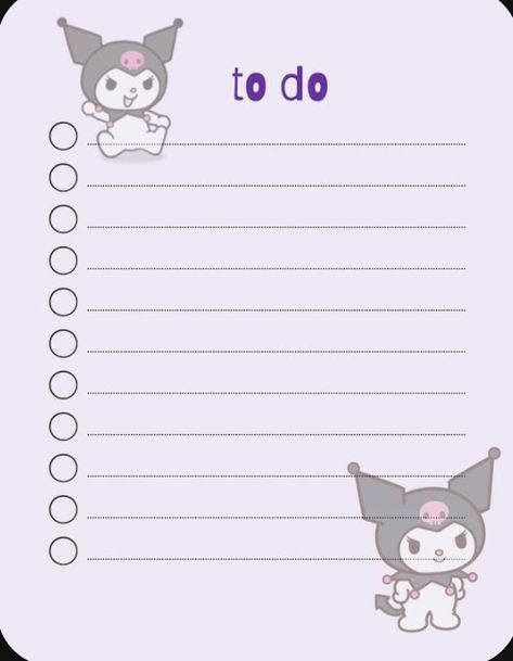 #purple #cite #sanrio #kuromi #stickynotes Sanrio To Do List, Kuromi Note, Purple Kuromi, Diy Stationary, To Do Lists Printable, Kitty Drawing, Hello Kitty Drawing, Scrapbook Stuff, Sanrio Kuromi