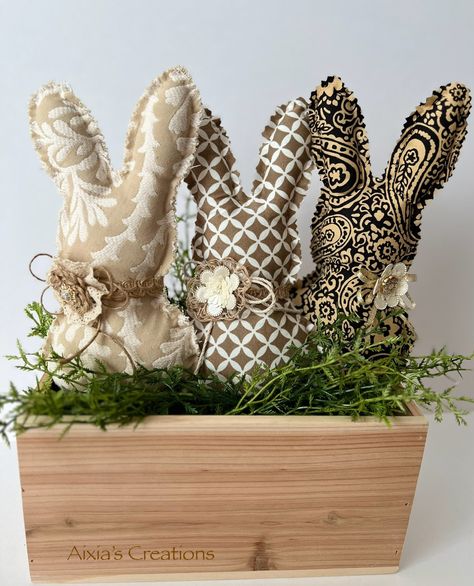 Easter Basket Decor, Primitive Spring Decor, Primitive Easter Decor, Modern French Farmhouse, Fabric Bunnies, Stuffed Bunnies, Spring Wreath Ideas, Spring Bunnies, Decorating Easter Baskets