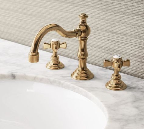 Sink Faucets & Bathtub Faucets | Bathroom Faucets | Pottery Barn Polished Nickel Bathroom Fixtures, Vintage Bathroom Faucet, Bathroom Sink Fixtures, Antique Brass Bathroom Faucet, Gold Bathroom Fixtures, Brass Bathroom Fixtures, Polished Nickel Bathroom, Powder Room Sink, Bathtub Faucets