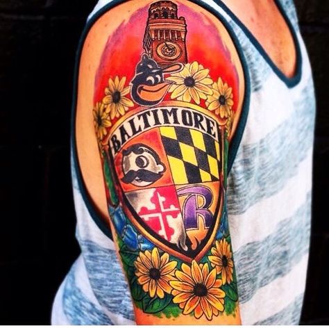 Maryland Sleeve ❤️ Baltimore Tattoo Ideas, Orioles Tattoo, Maryland Theme Tattoo, Baltimore Tattoo, Maryland Flag Tattoo, Maryland Tattoo, Maryland Wall Art, Tattoo Chart, Maryland Art