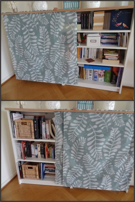 Fabric sliding doors gets dust away from BILLY - IKEA Hackers Billy Ikea, Sliding Cabinet, Sliding Cabinet Doors, Shelf Cover, Ikea Billy, Ikea Hackers, Doors Sliding, Sliding Doors Interior, Cool Ideas