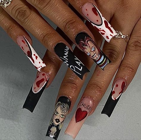 Chucky Nails, Spooky Valentines, Press On Nails Ideas, Tiffany Nails, Extra Nails, Disney Acrylic Nails, Horror Nails, Fall Nails 2023, Holloween Nails