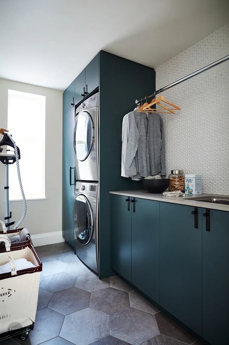 Roncesvalles VI | Dart Studio | Interior Design, Toronto Dart Studio, Scale Interior Design, Utility Room Designs, Laundy Room, Stacked Laundry Room, Mudroom Laundry, Laundry Room Flooring, Rooms Design, Mudroom Laundry Room