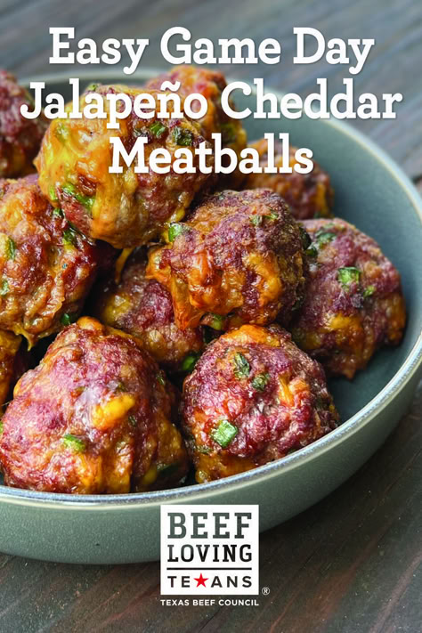 Jalapeño cheddar meatball recipe Cheddar Meatballs, Texas Beef, Healthy Beef Recipes, Healthy Beef, Jalapeno Cheddar, Appetizer Bites, Information Center, Party Food Appetizers, Game Day Food