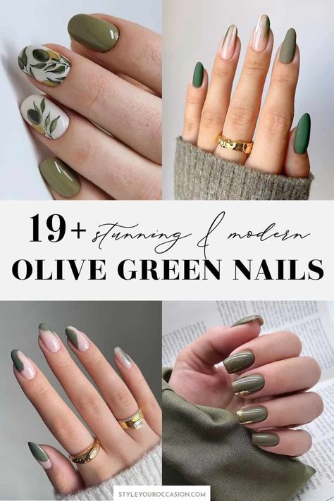 Looking for ideas for the perfect olive green nails? Check out these stunning olive green nail designs that are modern and chic. There's short and long olive nails, with coffin, almond, round, and square shapes, along with matte, shiny, French tip, or with gold foil, silver, and more! These nails are perfect for winter, spring, or fall! Sage Nails Acrylic Short, Khaki Almond Nails, Short Nail Designs Olive Green, Green Colour Nail Art Design, Khaki Nail Art, Green Olive Nails Designs, Gold And Olive Green Nails, Nail Ideas With Green, Olive Green Nails Designs Fall Almond