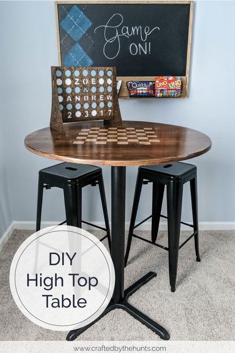 Learn how to make a round bar-height table with a checkerboard top using this DIY tutorial. #diyfurniture Diy Bar Height Table, Round High Top Table, Diy Bar Table, High Top Bar Table, Pub Height Table, High Top Table, Round Pub Table, Round Bar Table, High Top Tables