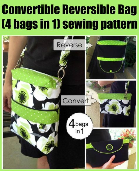 Convertible Reversible Bag (4 bags in 1) sewing pattern. This little bag will take you from desk to dancing, traveling to touring, and everything in between! By being reversible and combining two bags into one, it can be converted into four different types of bags in two different colorways or styles. Carry it as a clutch bag, add a narrow strap for a shoulder bag, or unzip and expand and suddenly you have plenty of room and a crossbody bag. Convertible bag sewing pattern for a small clutch ... Extendable Bag, Concealed Carry Purse Pattern, Convertible Bag Pattern, Diy Small Bag, Cross Body Bag Pattern Free, Small Bag Pattern, Clutch Bag Pattern, Cross Body Bag Pattern, Bag Sewing Pattern