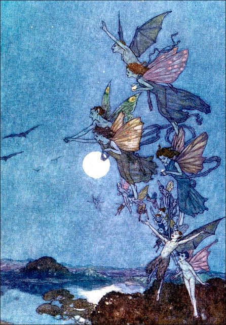 DULAC, Edmund (1882-1953). The Tempest, 1908. | Halloween HJB | Flickr The Tempest Aesthetic, Vintage Book Illustration, Fairies Flying, Edmund Dulac, Horse Cards, The Tempest, Fairy Illustration, Fairytale Art, William Shakespeare