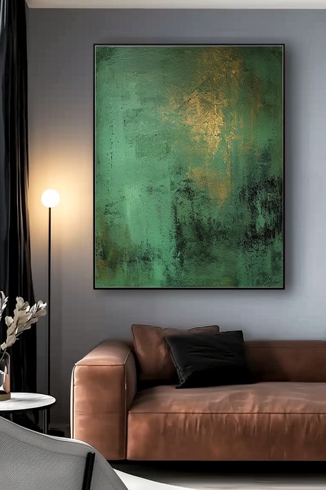 Original handmade abstract painting with textured emerald green background and gold accents, creating a luxurious and calming atmosphere Gold Abstract Painting, Green Wall Art, Handmade Artwork, Green Backgrounds, Green And Gold, Unique Pieces, Abstract Painting, Abstract Art, Canvas Painting